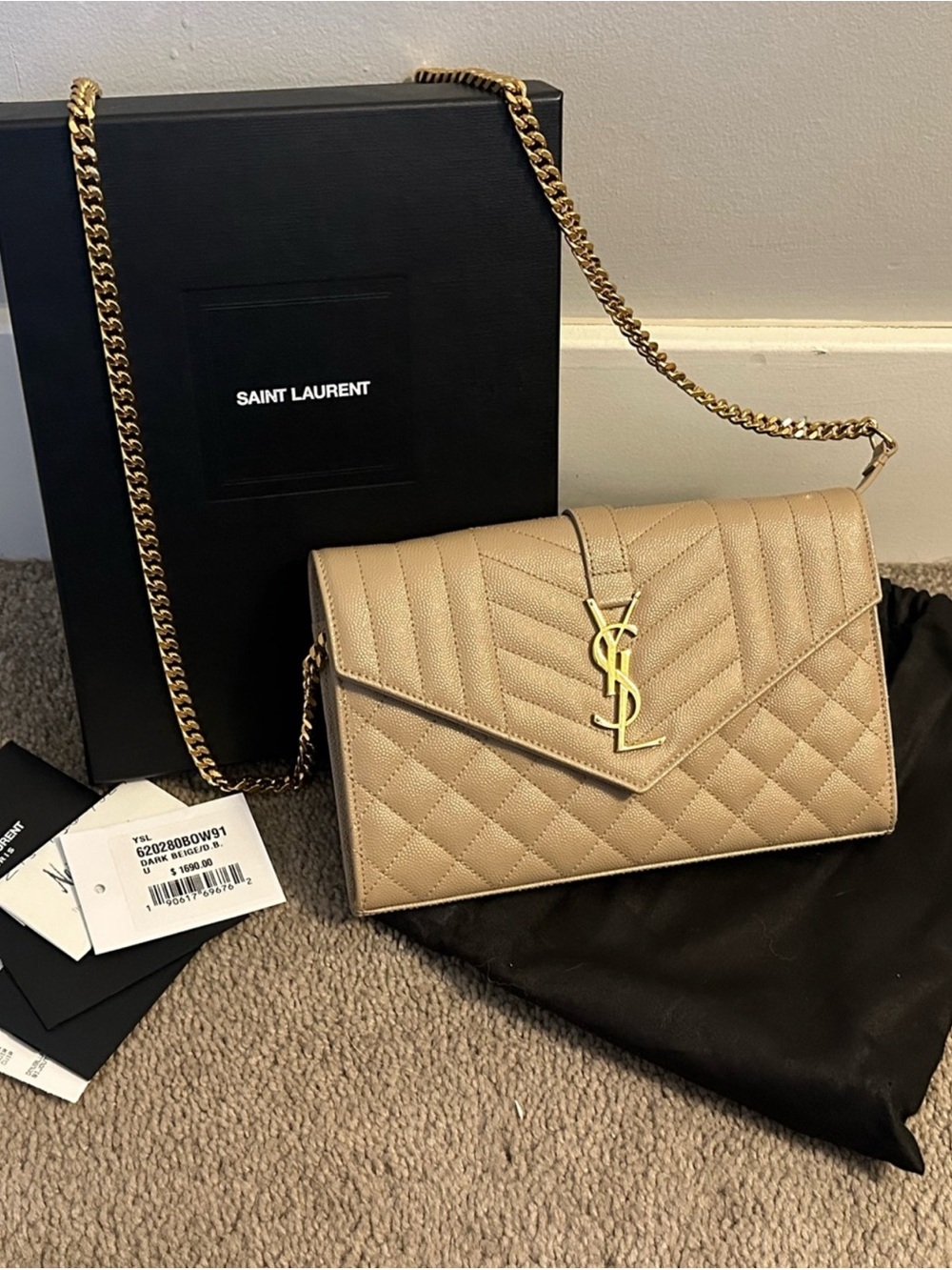 Saint Laurent Beige Quilted Envelope Chain Crossbody with Gold YSL